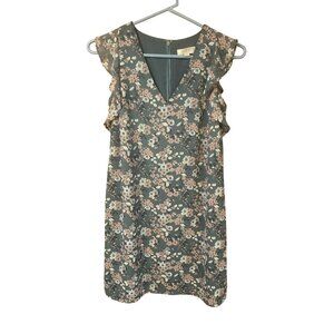 LOFT XS Petite Gray & Pink Floral Ruffle Sleeveless Dress - V-Neck Mini Sundress